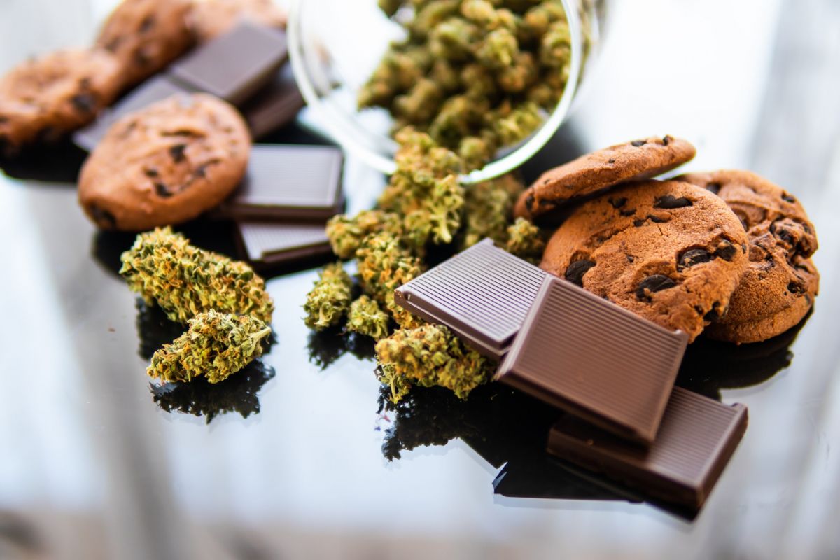 Concept of Cookies and chocolate with cannabis herb CBD.