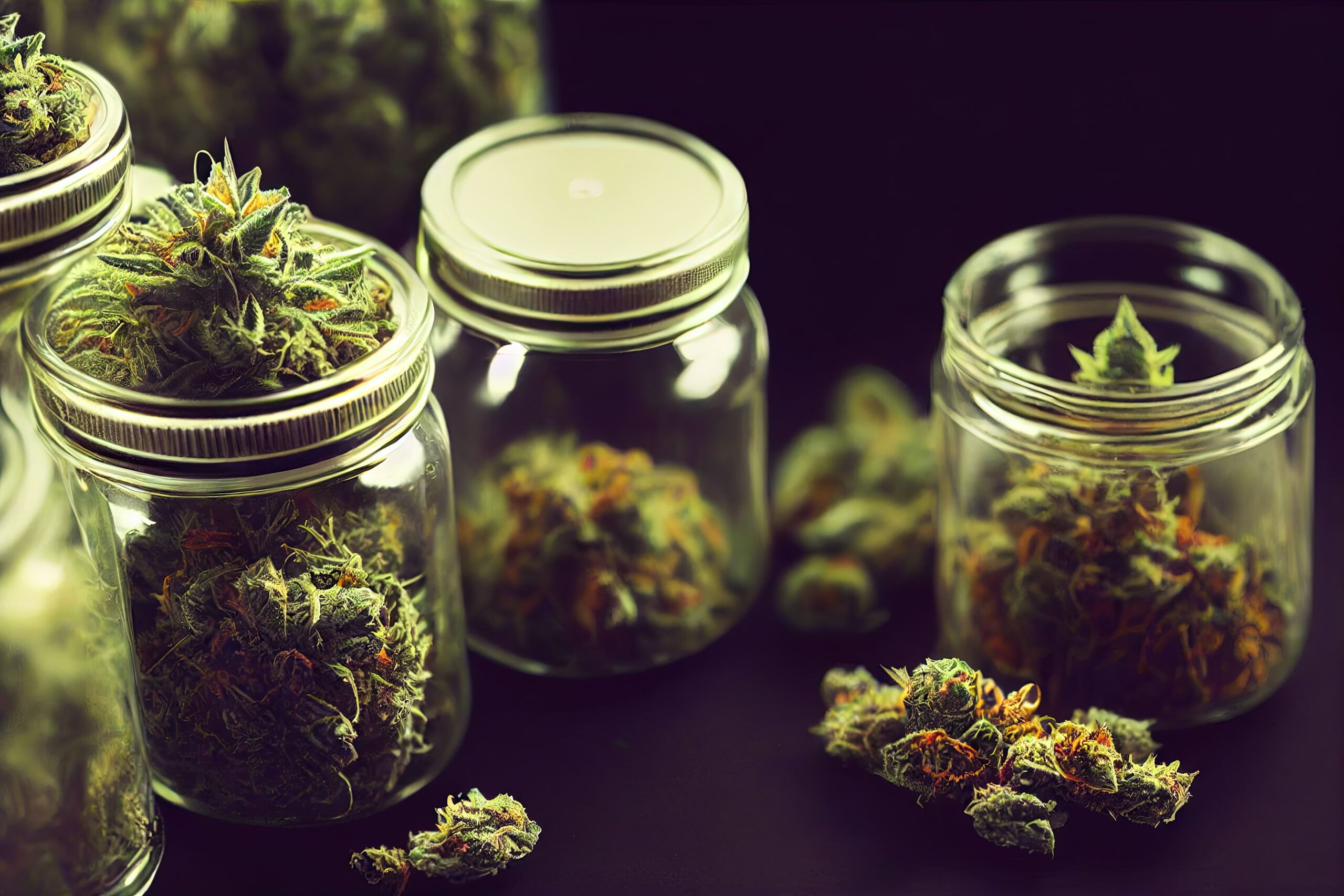 Dried selected marijuana flowers in glass jar Dried selected marijuana flowers in glass jar