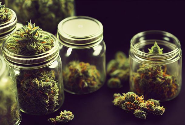 Dried selected marijuana flowers in glass jar